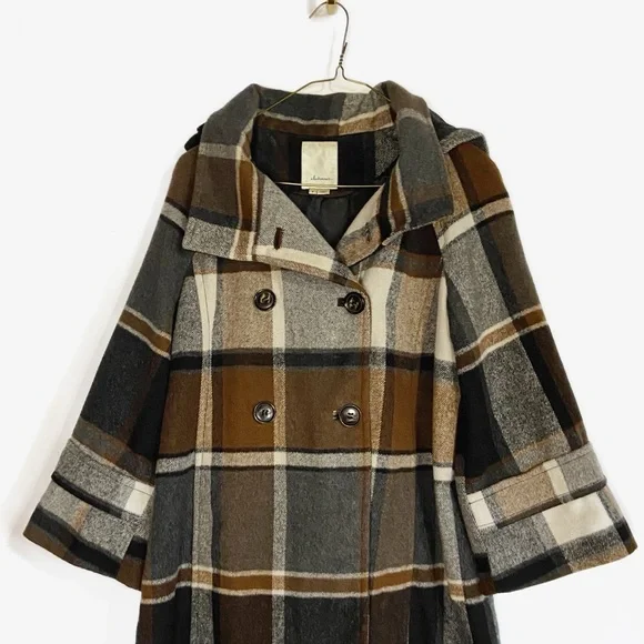 Elevenses Womens Wool blend Plaid Brown and Black Pea Coat Anthropologie size S - Picture 3 of 14